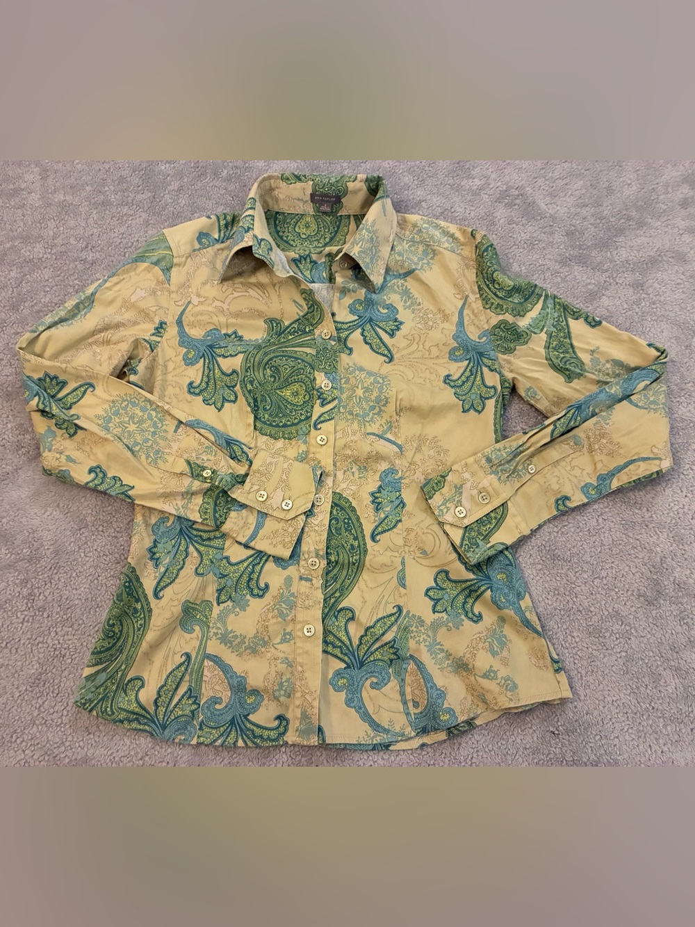 Women’s Ann Taylor Long-Sleeve Paisley Button-Up Shirt in Green and Teal Size 6